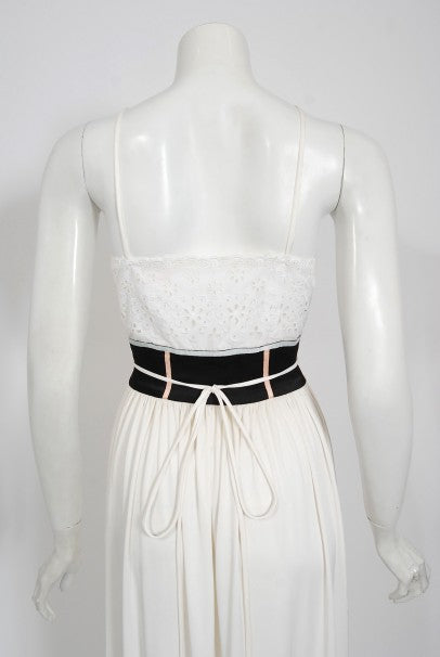 1970&#39;s Bill Gibb White Eyelet Cotton &amp; Jersey Low Plunge Maxi Wrap Dress
