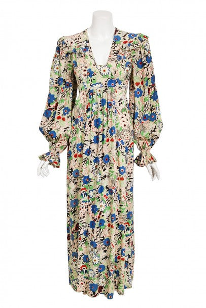 1970&#39;s Ossie Clark Colorful &#39;Pretty Woman&#39; Print Marocain Maxi Dress