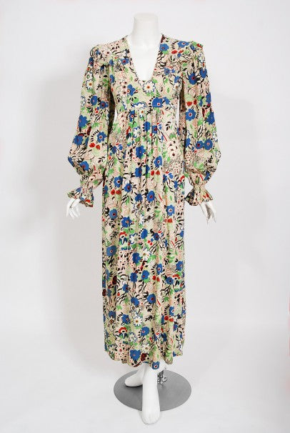 1970&#39;s Ossie Clark Colorful &#39;Pretty Woman&#39; Print Marocain Maxi Dress