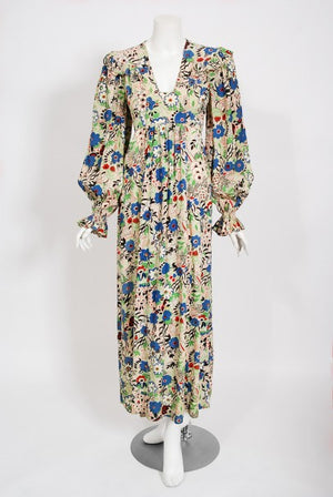 1970's Ossie Clark Colorful 'Pretty Woman' Print Marocain Maxi Dress