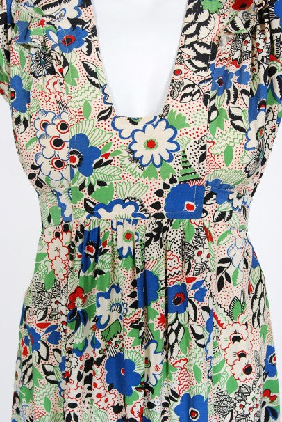 1970&#39;s Ossie Clark Colorful &#39;Pretty Woman&#39; Print Marocain Maxi Dress