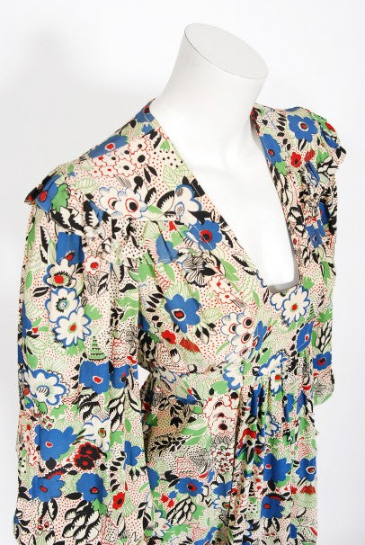 1970&#39;s Ossie Clark Colorful &#39;Pretty Woman&#39; Print Marocain Maxi Dress