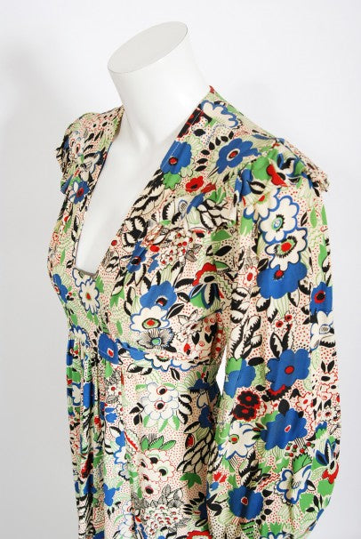 1970&#39;s Ossie Clark Colorful &#39;Pretty Woman&#39; Print Marocain Maxi Dress