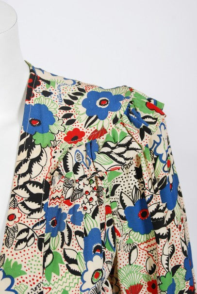 1970&#39;s Ossie Clark Colorful &#39;Pretty Woman&#39; Print Marocain Maxi Dress