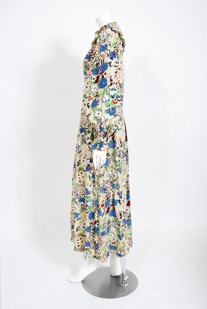 1970&#39;s Ossie Clark Colorful &#39;Pretty Woman&#39; Print Marocain Maxi Dress