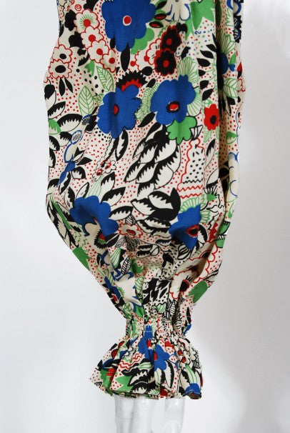 1970&#39;s Ossie Clark Colorful &#39;Pretty Woman&#39; Print Marocain Maxi Dress