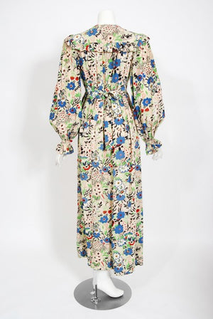 1970's Ossie Clark Colorful 'Pretty Woman' Print Marocain Maxi Dress