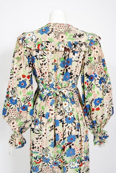 1970&#39;s Ossie Clark Colorful &#39;Pretty Woman&#39; Print Marocain Maxi Dress