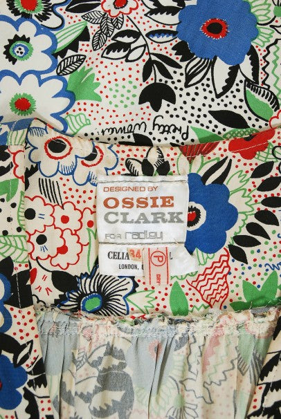 1970&#39;s Ossie Clark Colorful &#39;Pretty Woman&#39; Print Marocain Maxi Dress