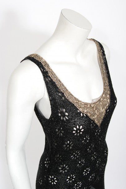 1930&#39;s French Couture Beaded Rhinestone Sheer Eyelet Silk Bias-Cut Gown