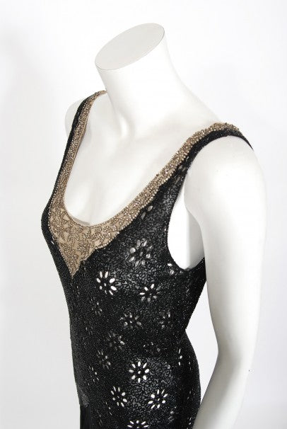 1930&#39;s French Couture Beaded Rhinestone Sheer Eyelet Silk Bias-Cut Gown