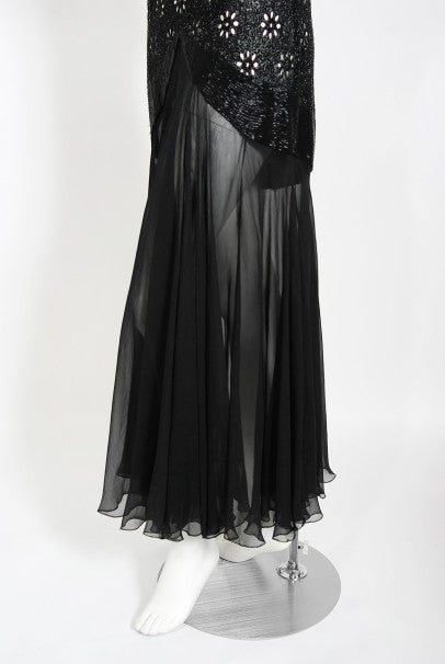1930&#39;s French Couture Beaded Rhinestone Sheer Eyelet Silk Bias-Cut Gown