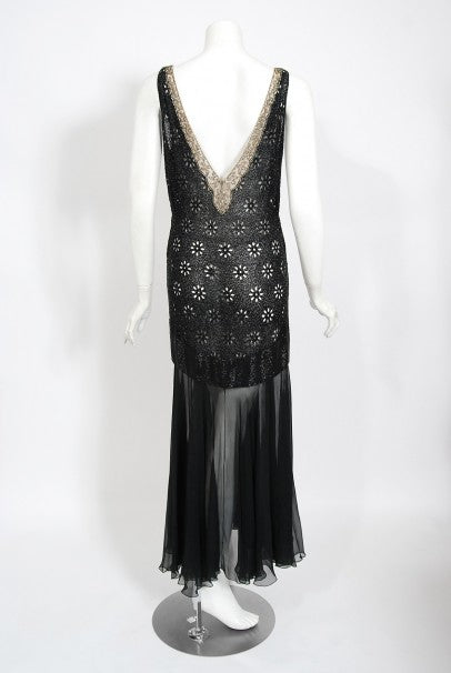 1930&#39;s French Couture Beaded Rhinestone Sheer Eyelet Silk Bias-Cut Gown
