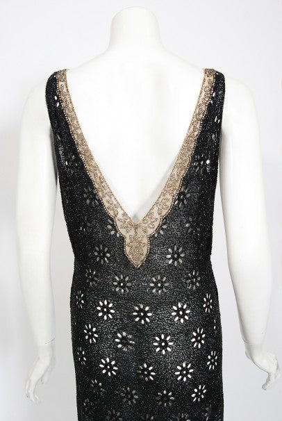 1930&#39;s French Couture Beaded Rhinestone Sheer Eyelet Silk Bias-Cut Gown