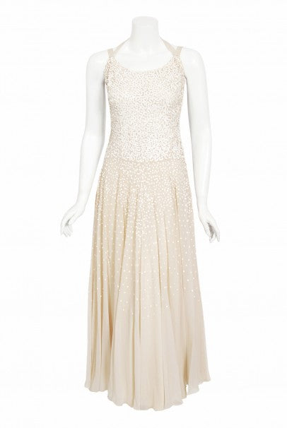 1940&#39;s Harry Cooper of Hollywood Ivory Sequin Chiffon Halter Gown