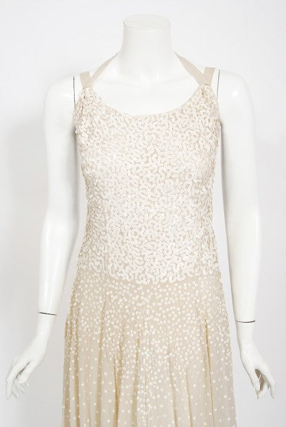 1940's Harry Cooper of Hollywood Ivory Sequin Chiffon Halter Gown