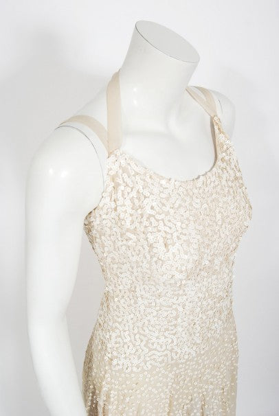 1940&#39;s Harry Cooper of Hollywood Ivory Sequin Chiffon Halter Gown