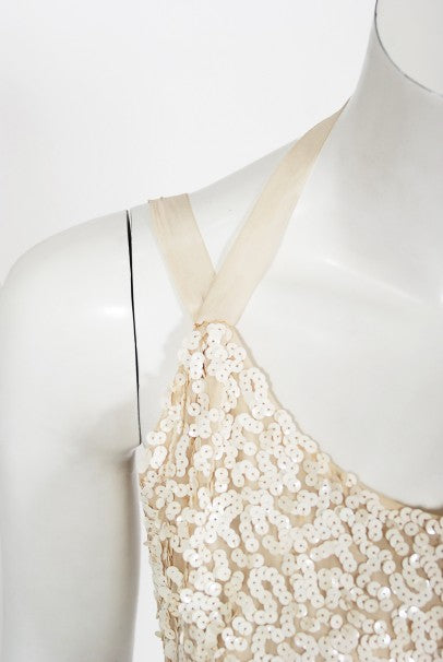 1940&#39;s Harry Cooper of Hollywood Ivory Sequin Chiffon Halter Gown