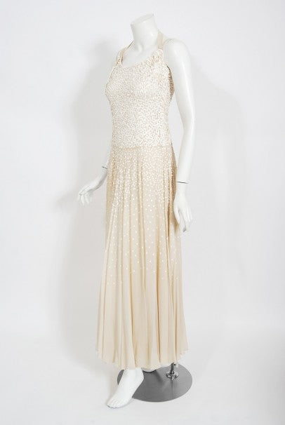 1940&#39;s Harry Cooper of Hollywood Ivory Sequin Chiffon Halter Gown