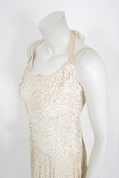 1940&#39;s Harry Cooper of Hollywood Ivory Sequin Chiffon Halter Gown