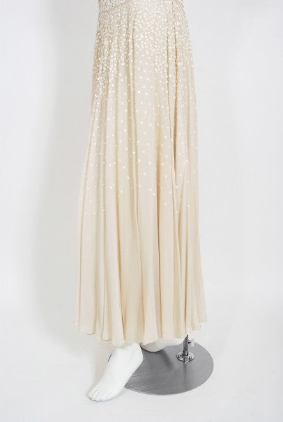 1940&#39;s Harry Cooper of Hollywood Ivory Sequin Chiffon Halter Gown