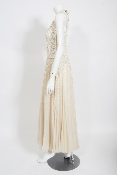 1940&#39;s Harry Cooper of Hollywood Ivory Sequin Chiffon Halter Gown