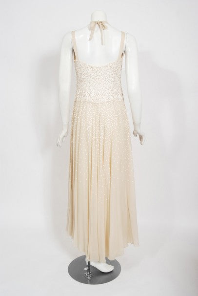 1940&#39;s Harry Cooper of Hollywood Ivory Sequin Chiffon Halter Gown