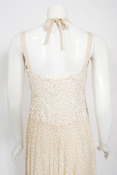 1940&#39;s Harry Cooper of Hollywood Ivory Sequin Chiffon Halter Gown