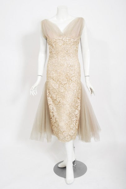 1950's Anne Verdi Champagne Sequin Lace & Tulle Bustle Back Bridal Dress
