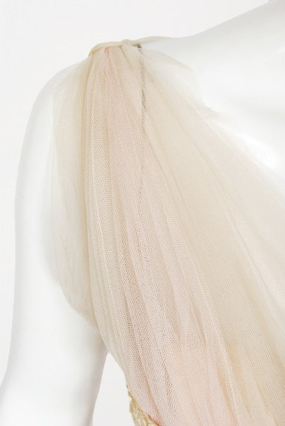 1950&#39;s Anne Verdi Champagne Sequin Lace &amp; Tulle Bustle Back Bridal Dress