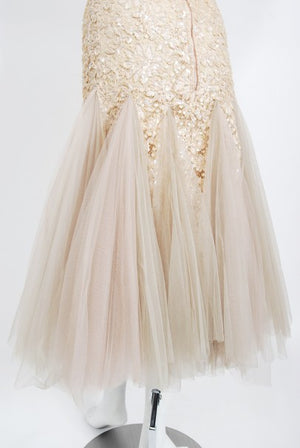 1950's Anne Verdi Champagne Sequin Lace & Tulle Bustle Back Bridal Dress