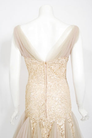 1950's Anne Verdi Champagne Sequin Lace & Tulle Bustle Back Bridal Dress