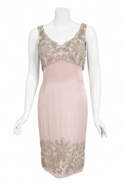 1965 Helen Rose Couture Fully-Beaded Blush Pink Silk Hourglass Dress