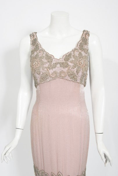 1965 Helen Rose Couture Fully-Beaded Blush Pink Silk Hourglass Dress