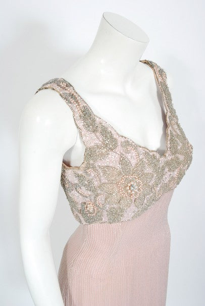 1965 Helen Rose Couture Fully-Beaded Blush Pink Silk Hourglass Dress