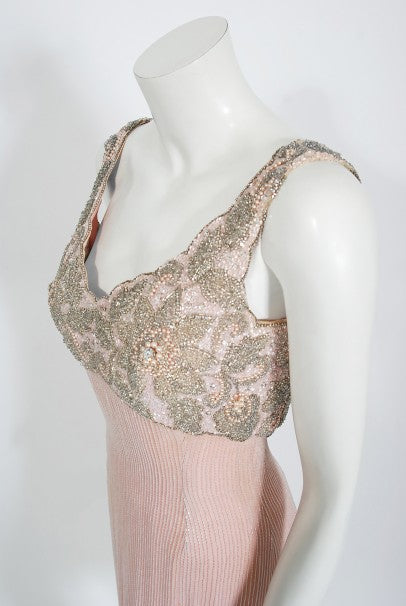 1965 Helen Rose Couture Fully-Beaded Blush Pink Silk Hourglass Dress