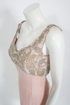 1960's Helen Rose Couture Fully-Beaded Blush Pink Silk Hourglass Dress