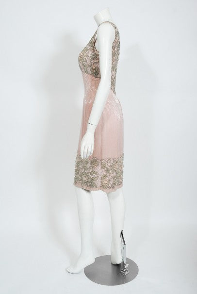 1965 Helen Rose Couture Fully-Beaded Blush Pink Silk Hourglass Dress
