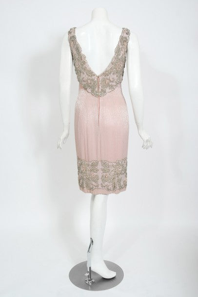 1965 Helen Rose Couture Fully-Beaded Blush Pink Silk Hourglass Dress