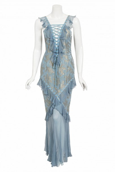 2003 Christian Dior by Galliano Metallic Blue Silk Lace-Up Bias Cut Go - Timeless Vixen 2003 Christian Dior by Galliano Metallic Blue Silk Lace-Up Bias Cut Go - Timeless Vixen