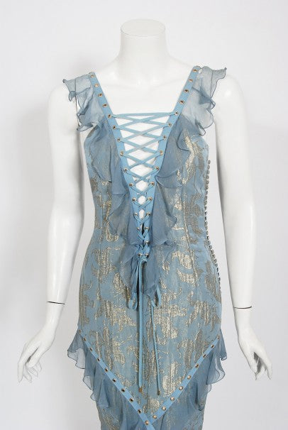 2003 Christian Dior by Galliano Metallic Blue Silk Lace-Up Bias Cut Gown