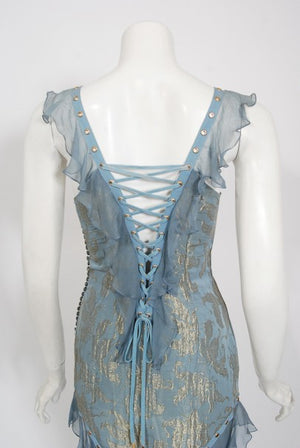 2003 Christian Dior by Galliano Metallic Blue Silk Lace-Up Bias Cut Gown