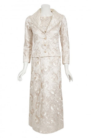 1980's Chanel Haute Couture Ivory Lesage Embroidered Silk Belted Gown & Jacket