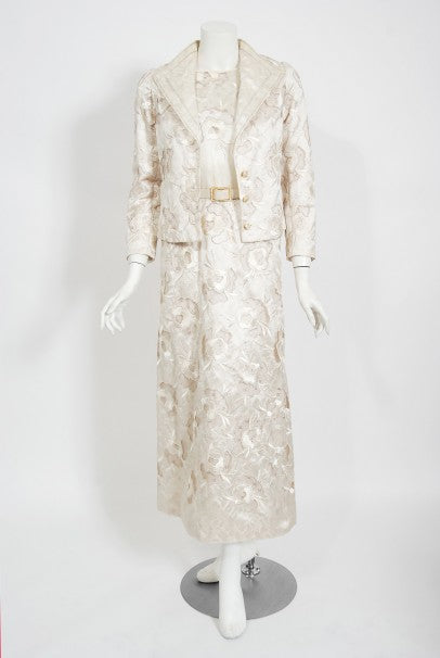 1980&#39;s Chanel Haute Couture Ivory Lesage Embroidered Silk Belted Gown &amp; Jacket