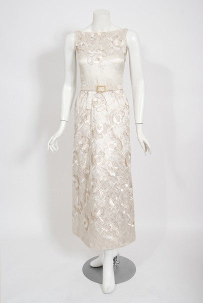 1980&#39;s Chanel Haute Couture Ivory Lesage Embroidered Silk Belted Gown &amp; Jacket