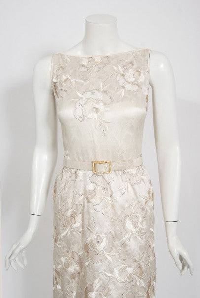 1980&#39;s Chanel Haute Couture Ivory Lesage Embroidered Silk Belted Gown &amp; Jacket