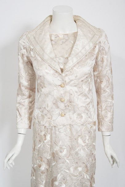 1980&#39;s Chanel Haute Couture Ivory Lesage Embroidered Silk Belted Gown &amp; Jacket