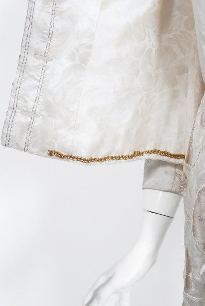 1980&#39;s Chanel Haute Couture Ivory Lesage Embroidered Silk Belted Gown &amp; Jacket