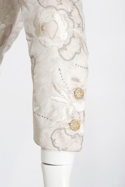 1980&#39;s Chanel Haute Couture Ivory Lesage Embroidered Silk Belted Gown &amp; Jacket
