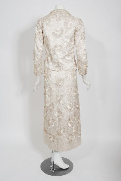 1980&#39;s Chanel Haute Couture Ivory Lesage Embroidered Silk Belted Gown &amp; Jacket